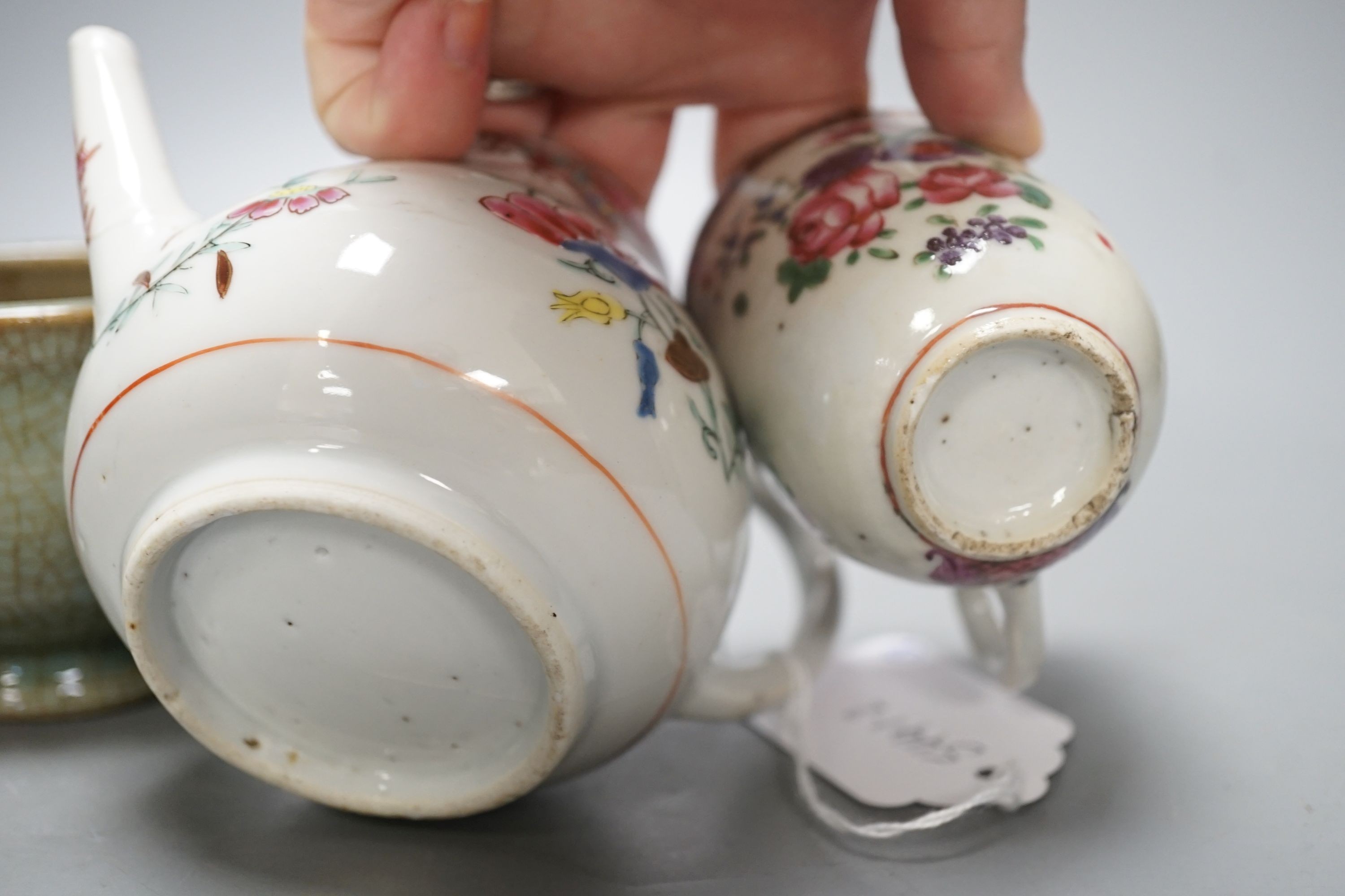 An 18th century Chinese export teapot and coffee cup, a crackle glaze censer and a teabowl (a.f)